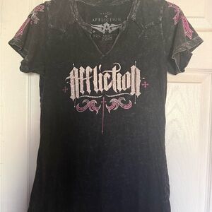 Affliction Black V-Neck Short Sleeve Tee with Pink & White Graphic